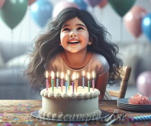Imagen de una pequeña niña sonriente soplando las velas de su pastel de cumpleaños