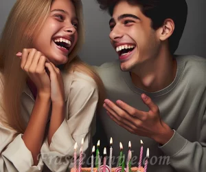 Imagen de dos hermanos riendo juntos mientras se felicitan por su cumpleaños con una divertida broma.