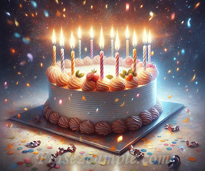 Imagen de un pastel de cumpleaños con velas encendidas y confeti, ideal para ilustrar frases de felicitación para un amigo en su cumpleaños