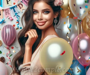 Fondo de globos y confeti con frases de felicitación para celebrar el cumpleaños de Lupita