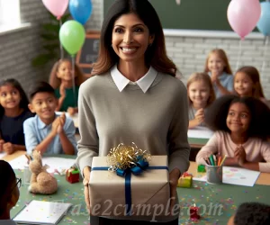Imagen de una maestra sonriendo mientras recibe regalos de sus estudiantes en una clase decorada con globos y confeti