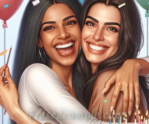 Imagen: Dos mujeres abrazándose y sonriendo felices