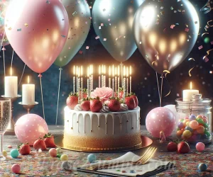 Imagen: Globos y confeti decorando una mesa de celebración