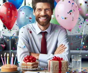 Imagen de un jefe sonriendo y rodeado de globos y confeti