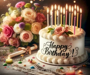 Imagen de fondo con un pastel de cumpleaños decorado y velas encendidas