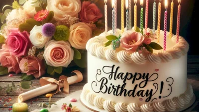 Imagen de fondo con un pastel de cumpleaños decorado y velas encendidas