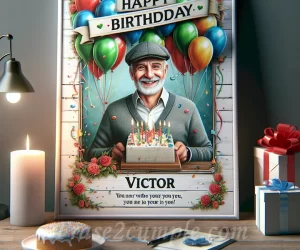 Imagen con tarjetas de cumpleaños y globos para desearle un feliz cumpleaños a Víctor