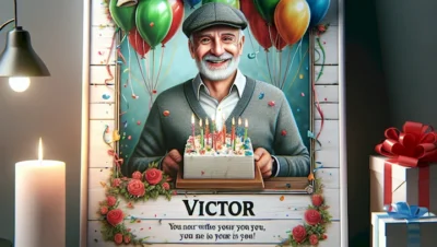 Imagen con tarjetas de cumpleaños y globos para desearle un feliz cumpleaños a Víctor