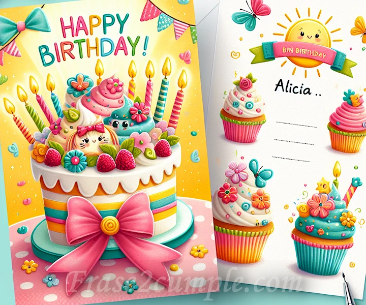 Imagen de una tarjeta de cumpleaños con decoración alegre y colorida para Alicia