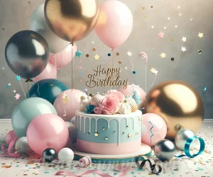 Fotografía de una decoración con globos y confeti para celebrar un cumpleaños especial.