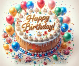 Ilustración de un pastel de cumpleaños rodeado de globos y confeti