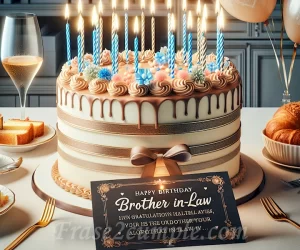 Imagen de un pastel de cumpleaños con velas encendidas y globos