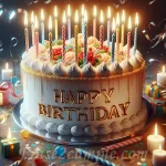 Imagen de una tarta de cumpleaños con velas y confeti