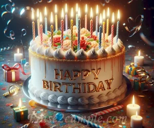 Imagen de una tarta de cumpleaños con velas y confeti