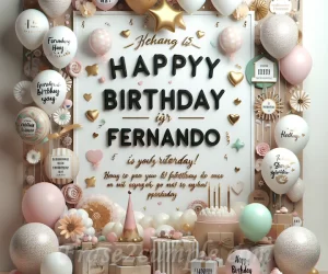 Fondo con globos y decoraciones de cumpleaños junto a frases emotivas para celebrar el cumpleaños de Fernando.