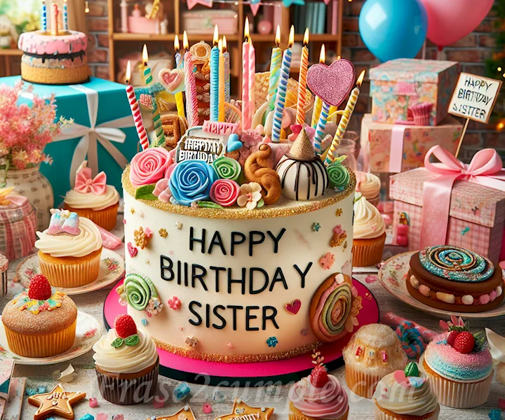 Imagen festiva de felicitaciones de cumpleaños para una hermana mayor, con colores alegres y decoraciones temáticas.