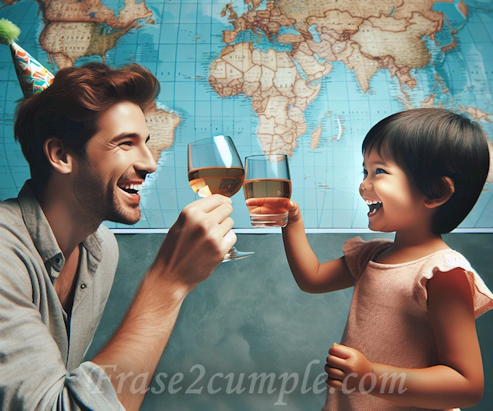 'Imagen de dos hermanos levantando una copa brindando, con un mapa del mundo de fondo, simbolizando la celebración a distancia de un cumpleaños entre hermanos'.
