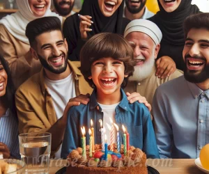 Feliz niño celebrando su cumpleaños con una sonrisa en el rostro mientras rodeado de amigos y familiares