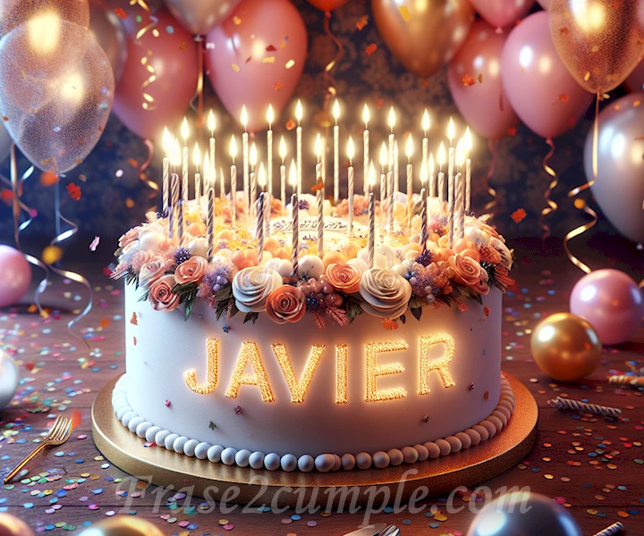 Imagen de una fiesta de cumpleaños con globos y confeti, con un pastel decorado con velas y el nombre 'Javier' en letras brillantes.