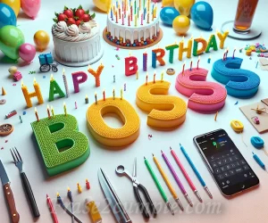 Imagen con letras coloridas que dicen 'Feliz cumpleaños jefe '. Un pastel decorado con velas y globos de colores alrededor.