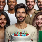 Juan sosteniendo un pastel de cumpleaños rodeado de amigos sonrientes.
