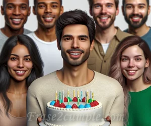 Juan sosteniendo un pastel de cumpleaños rodeado de amigos sonrientes.