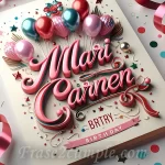 Imagen de una tarjeta de cumpleaños con globos y confeti para Mari Carmen