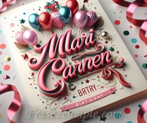 Imagen de una tarjeta de cumpleaños con globos y confeti para Mari Carmen