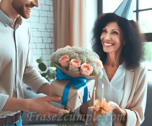 Imagen de una persona entregando un ramo de flores y un regalo a Martha en su cumpleaños