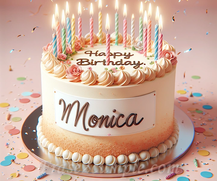Imagen de un pastel de cumpleaños con velas y confeti, ideal para celebrar el cumpleaños de Mónica con alegría y emoción.