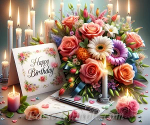 Imagen de un ramo de flores con una tarjeta de cumpleaños rodeado de velas
