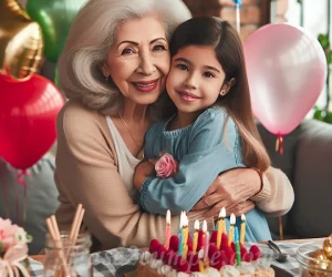 Abuela abrazando cariñosamente a su nieta en su cumpleaños
