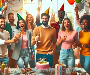 Personas sonrientes brindando en una fiesta sorpresa de cumpleaños creativa y divertida.