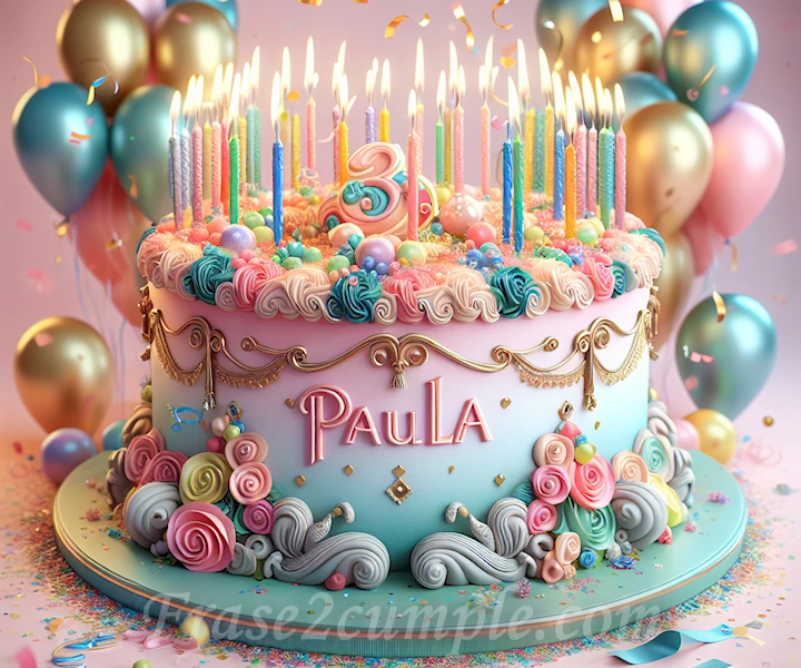 Imagen de un pastel de cumpleaños decorado y colorido, con velas encendidas y el nombre 'Paula' escrito en el centro, rodeado de globos y confeti, simbolizando alegría y celebración.