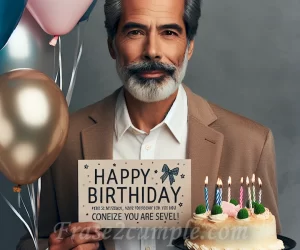 Imagen de Pedro con globos y una torta de cumpleaños