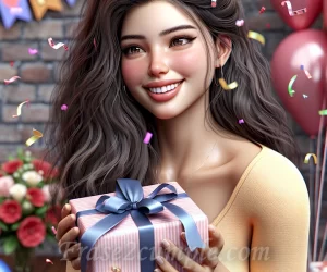 Imagen de una prima recibiendo un regalo sorpresa con una sonrisa en su cumpleaños