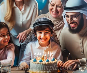 Imagen de un niño sonriendo mientras sopla las velas de una tarta de cumpleaños rodeado de familiares y con globos de colores en el fondo.