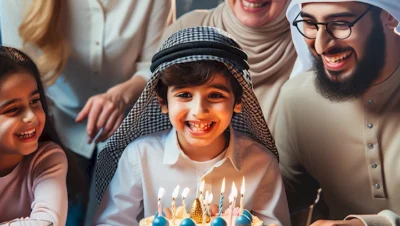 Imagen de un niño sonriendo mientras sopla las velas de una tarta de cumpleaños rodeado de familiares y con globos de colores en el fondo.