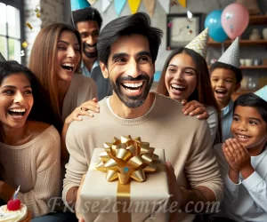 Imagen de un hombre sonriente recibiendo un regalo sorpresa en su cumpleaños