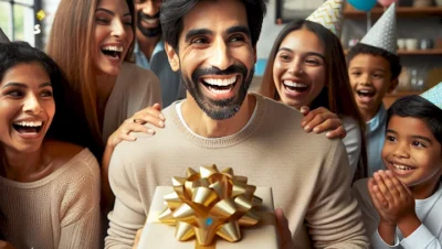 Imagen de un hombre sonriente recibiendo un regalo sorpresa en su cumpleaños
