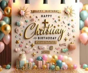 Imagen de frases de cumpleaños cristiano con fe y gratitud en un fondo decorado con globos y confeti