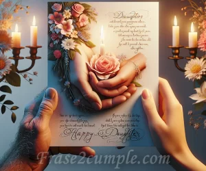 Dos manos sosteniendo una hermosa tarjeta de cumpleaños con versículos bíblicos y bendiciones para tu hija