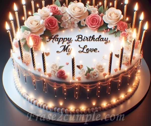 Imagen de un pastel decorado con velas brillantes y la frase 'Feliz cumpleaños