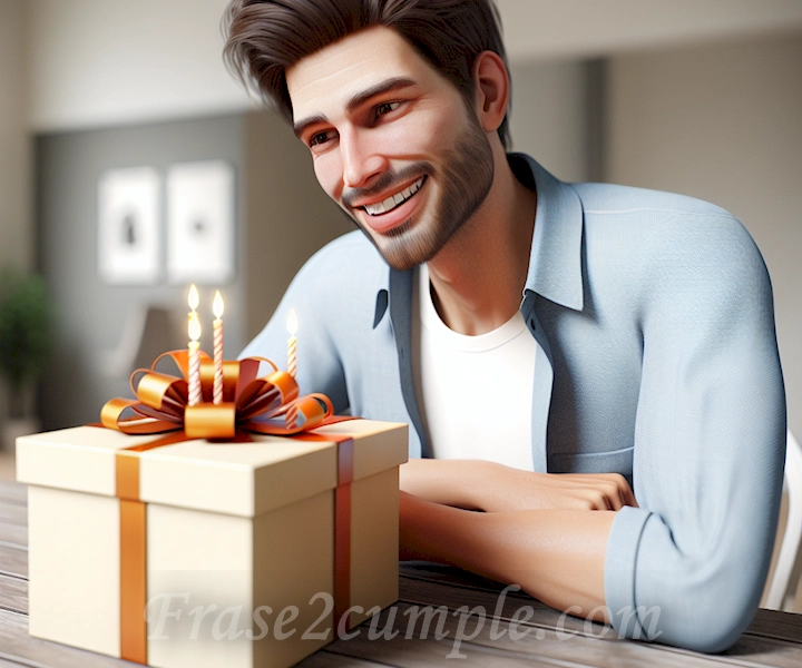 Imagen de un cuñado sonriente recibiendo un regalo sorpresa en su cumpleaños.