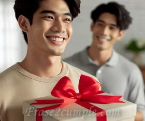 Imagen de un hombre sonriente recibiendo un regalo envuelto con un lazo rojo para alegrar a tu cuñado en su día especial.