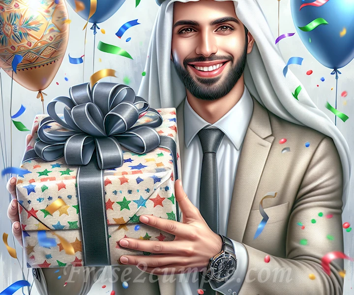 Imagen de un hombre sonriente recibiendo un regalo envuelto con un lazo decorativo, rodeado de globos de colores y confeti, reflejando felicidad y celebración.